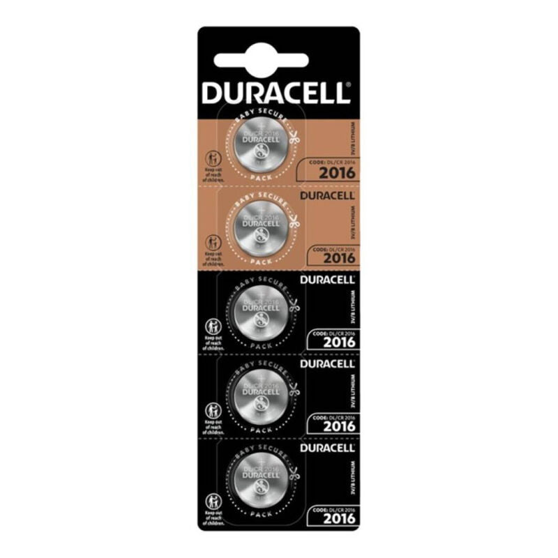 Batterie a Bottone CR2016 Duracell Lithium — 3V, 5 Unità