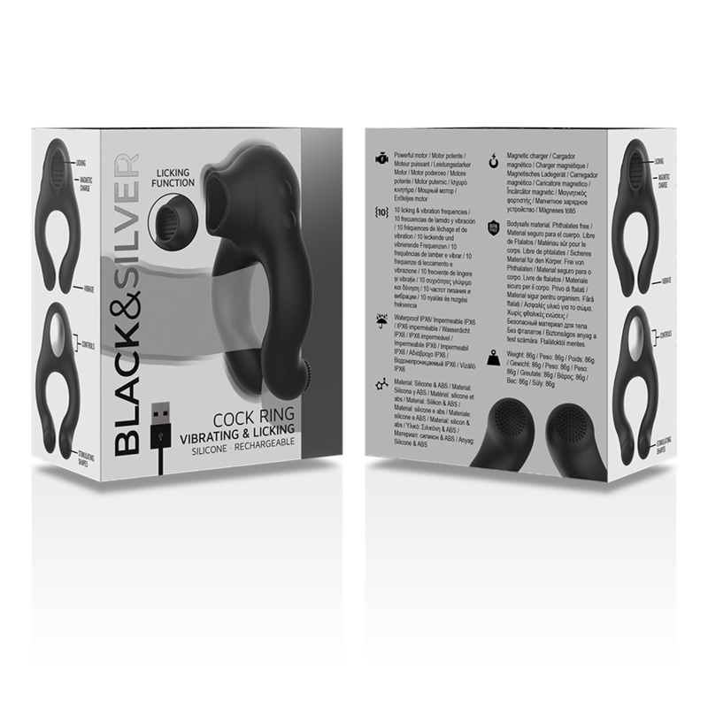 Anello Fallico Vibrante Black&Silver Licking — 3 Motori, Silicone