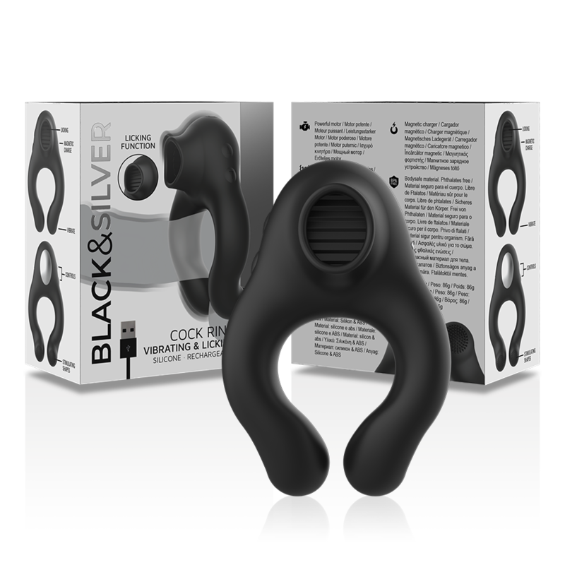 Anello Fallico Vibrante Black&Silver Licking — 3 Motori, Silicone
