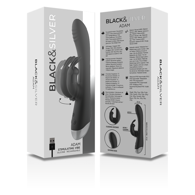 Vibratore Rabbit Black&Silver Adam — Silicone, Ricaricabile, Nero