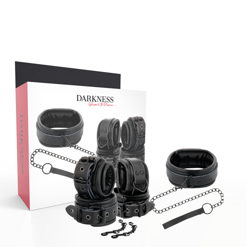 Kit Bondage Collare e Manette in Pelle Darkness — Nero
