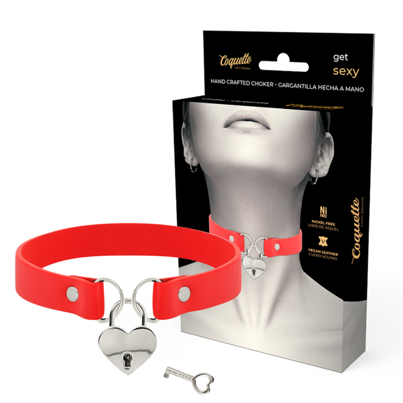 Collare BDSM in Pelle Vegana Coquette Chic Desire — Rosso, 40 cm