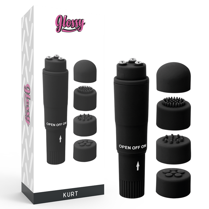 Vibratore Wand Tascabile Glossy Kurt — 4 Testine, Nero