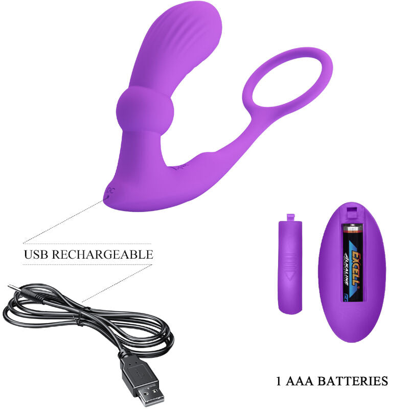 Anello Fallico Vibrante con Plug Anale Pretty Love Warren — Viola
