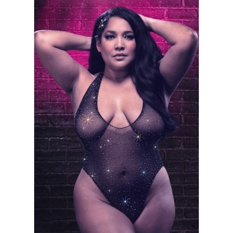 Body Erotico Plus Size Calexotics Radiance Deep V — Rete e Strass