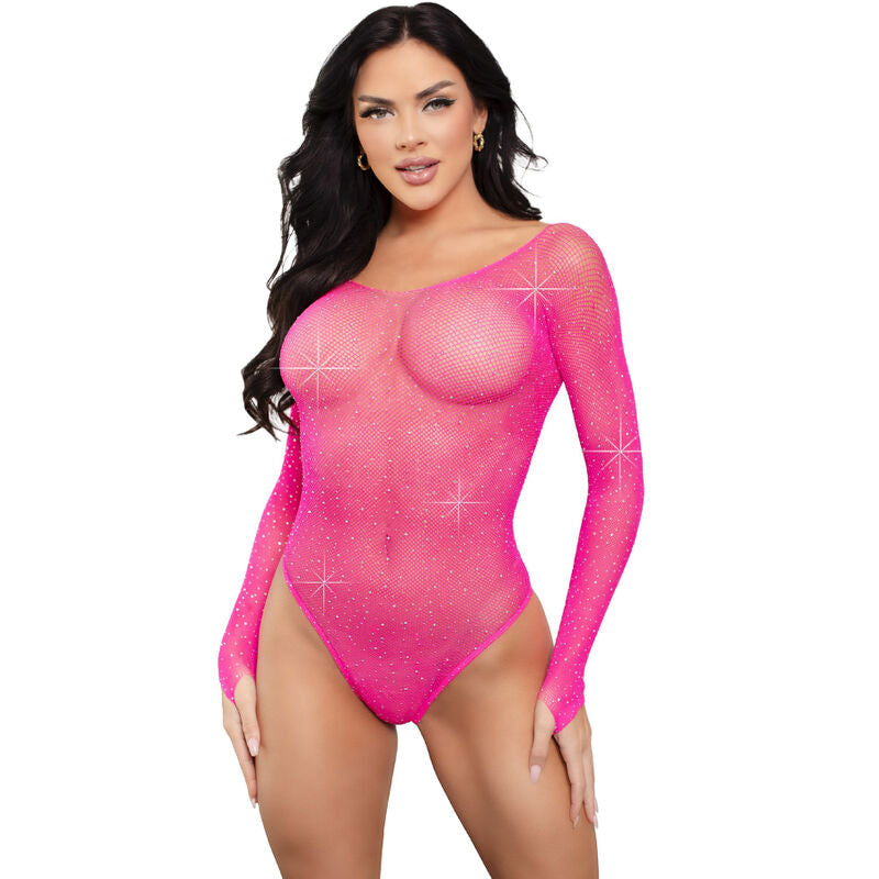 Body Erotico a Rete con Strass Leg Avenue — Manica Lunga, Fucsia
