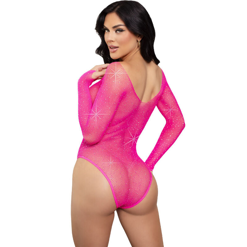 Body Erotico a Rete con Strass Leg Avenue — Manica Lunga, Fucsia