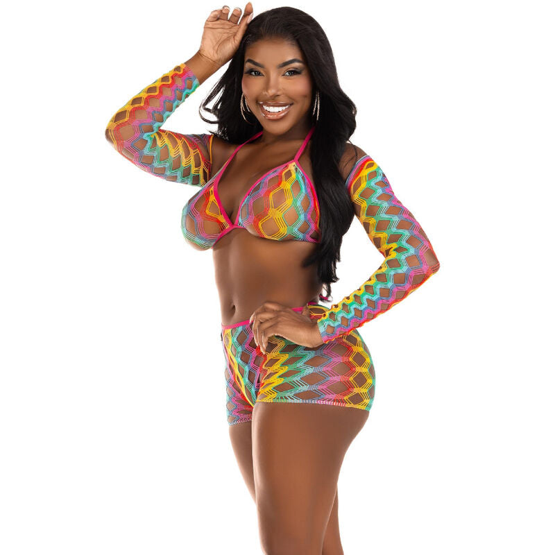 Lingerie Sexy Set 3 Pezzi Leg Avenue — Rete Multicolore