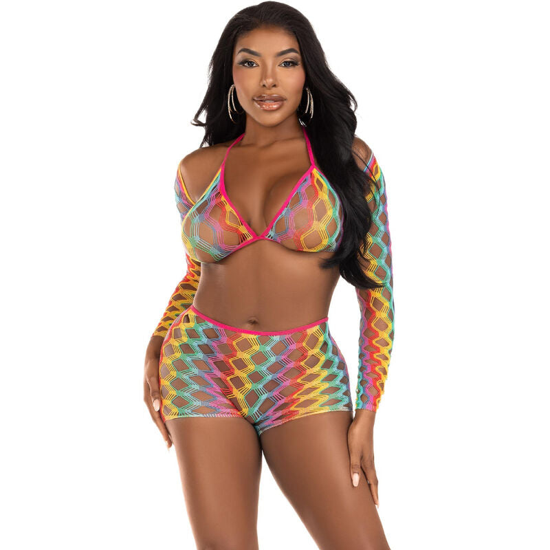 Lingerie Sexy Set 3 Pezzi Leg Avenue — Rete Multicolore