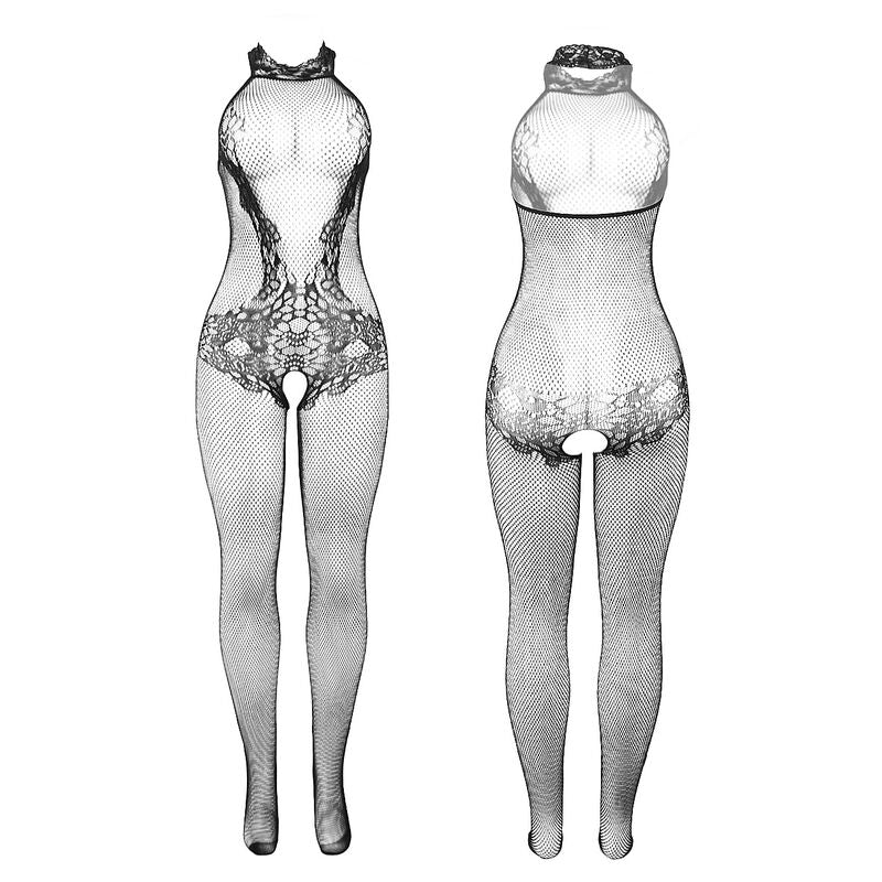 Bodystocking a Rete e Pizzo Subblime 951801 — Collo Alto, Nero