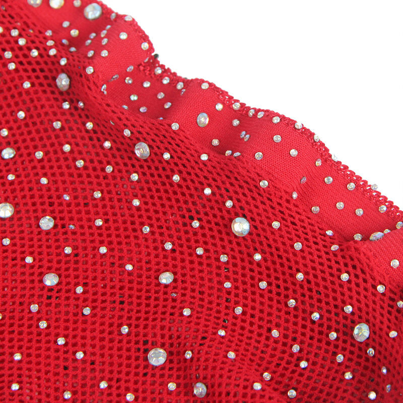 Bodystocking a Rete con Guanti e Strass Subblime — Rosso
