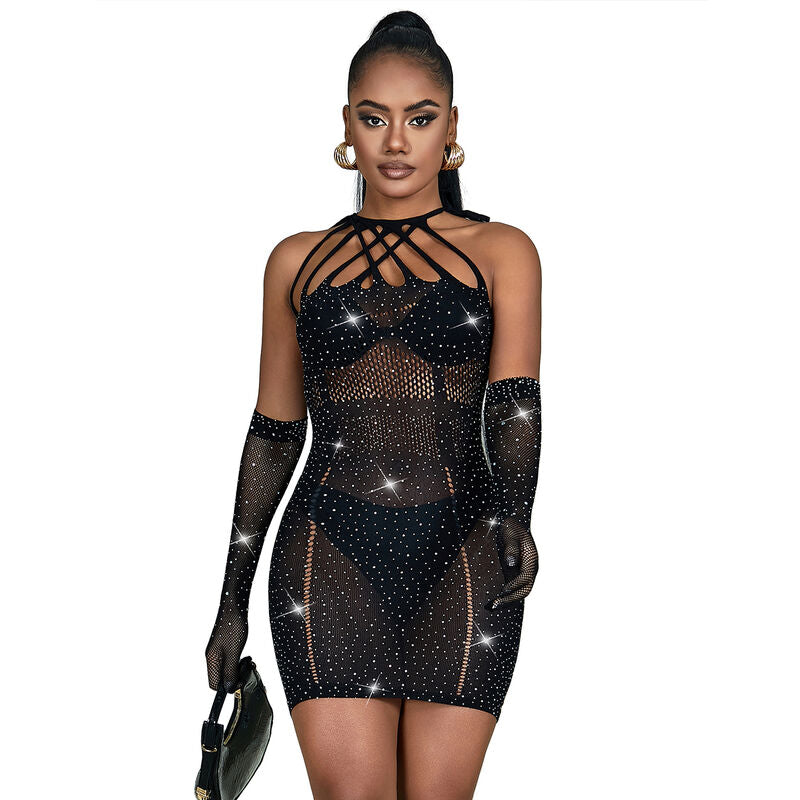 Abito a Rete con Strass Subblime — Nero, Taglia Unica