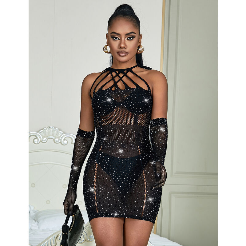 Abito a Rete con Strass Subblime — Nero, Taglia Unica