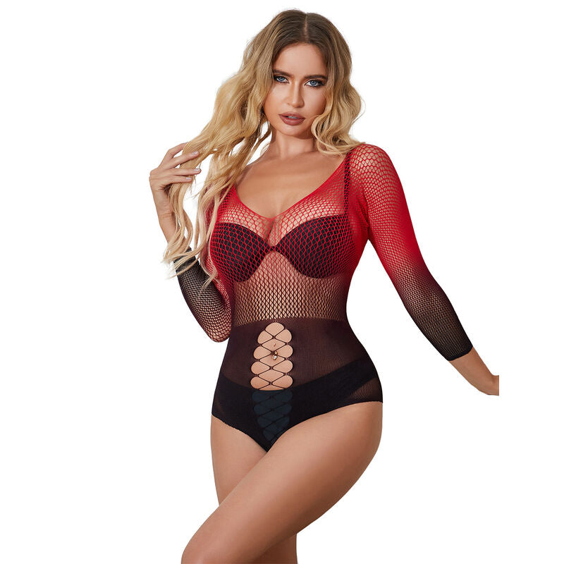 Lingerie Vestito a Rete Subblime — Manica Lunga, Rosso/Nero