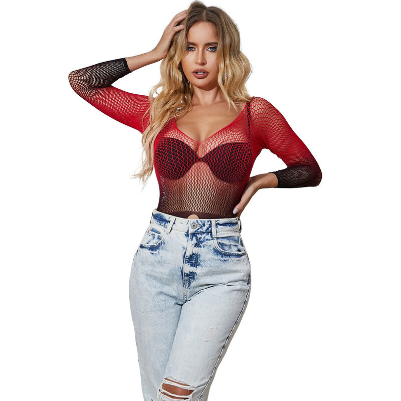 Lingerie Vestito a Rete Subblime — Manica Lunga, Rosso/Nero