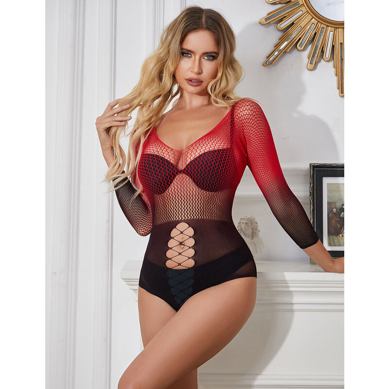 Lingerie Vestito a Rete Subblime — Manica Lunga, Rosso/Nero