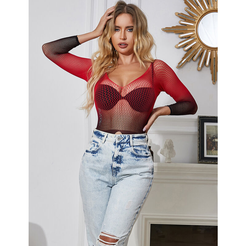 Lingerie Vestito a Rete Subblime — Manica Lunga, Rosso/Nero