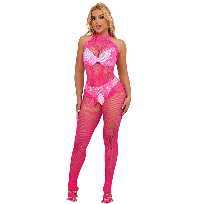 Bodystocking a Rete e Pizzo Subblime 952389 — Collo Alto, Rosa