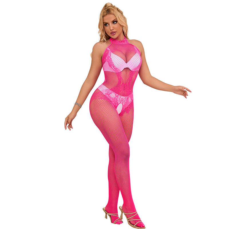 Bodystocking a Rete e Pizzo Subblime 952389 — Collo Alto, Rosa