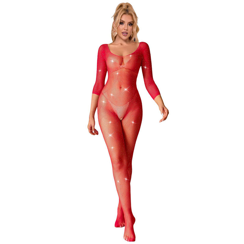 Bodystocking a Rete con Strass Subblime — Manica Lunga, Rosso