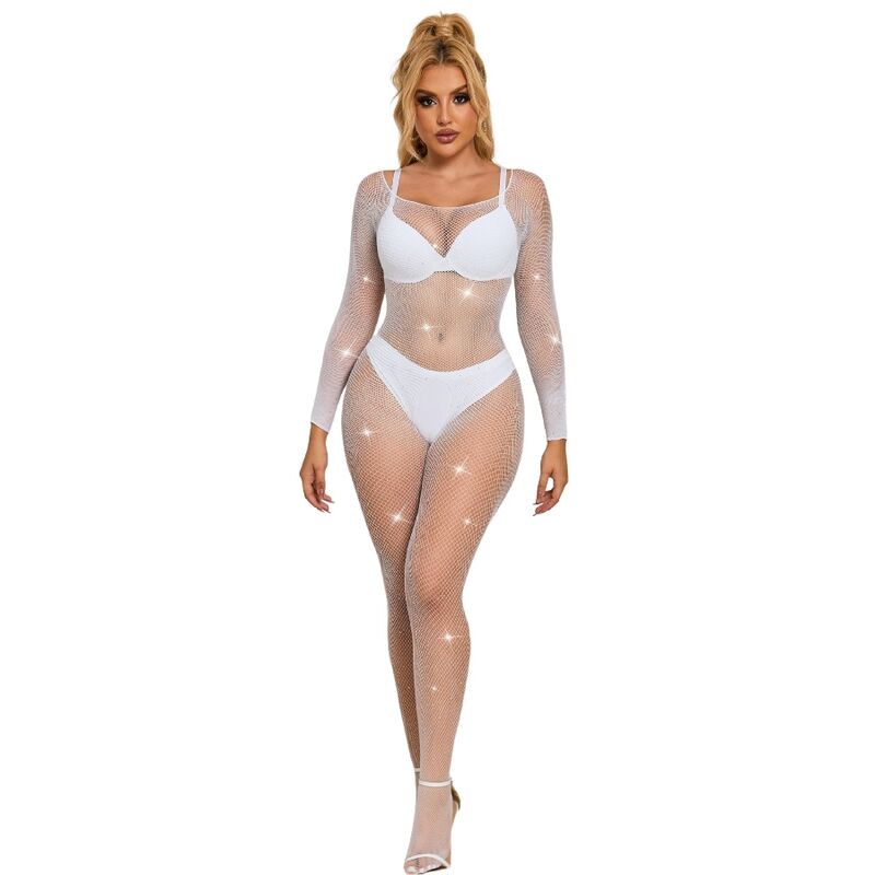Bodystocking a Rete con Strass Subblime — Manica Lunga, Bianco
