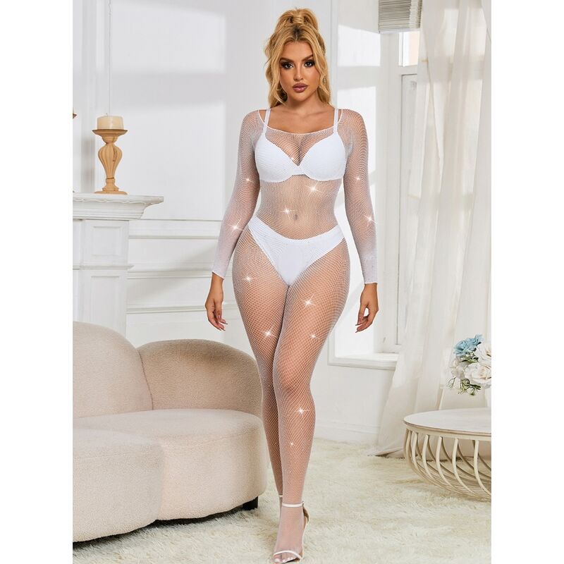 Bodystocking a Rete con Strass Subblime — Manica Lunga, Bianco