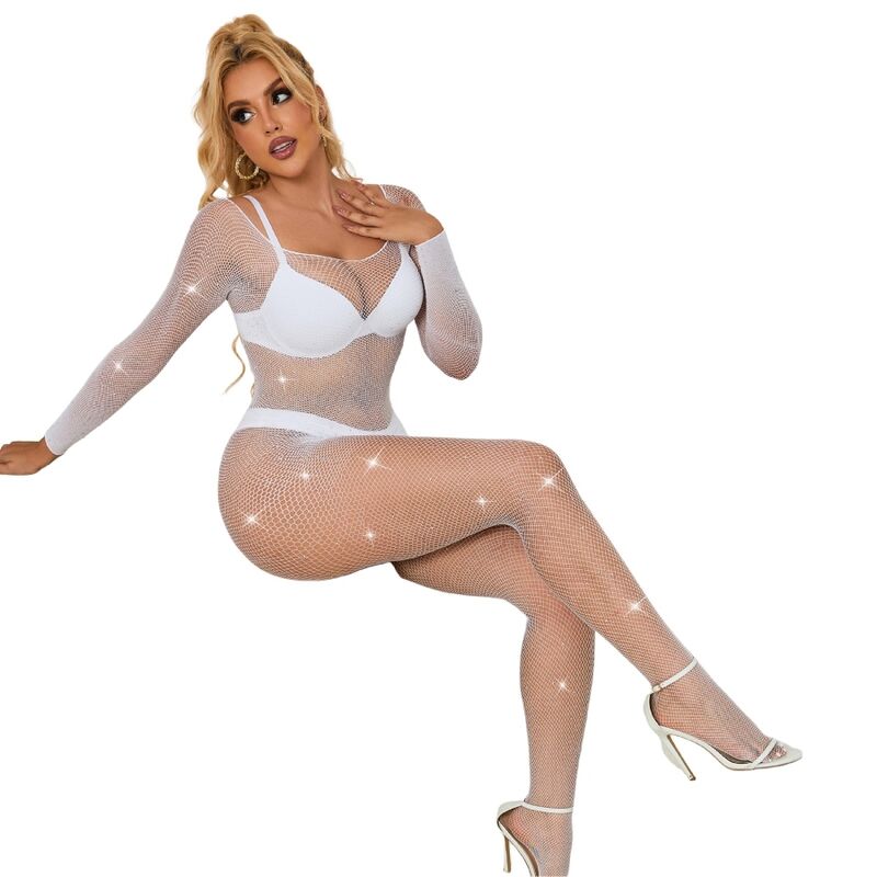 Bodystocking a Rete con Strass Subblime — Manica Lunga, Bianco