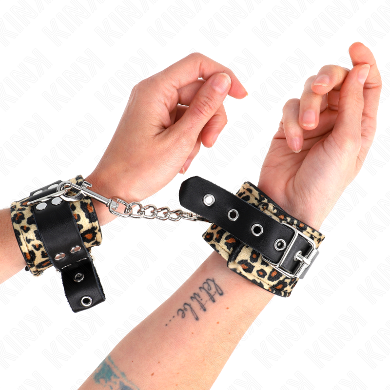 Manette BDSM in Pelle Leopardata Kink — Regolabili 18-29 cm