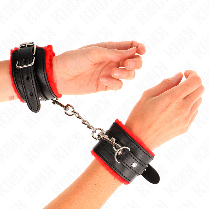 Manette BDSM Foderata Pelliccia Kink — Regolabile, Rosso/Nero