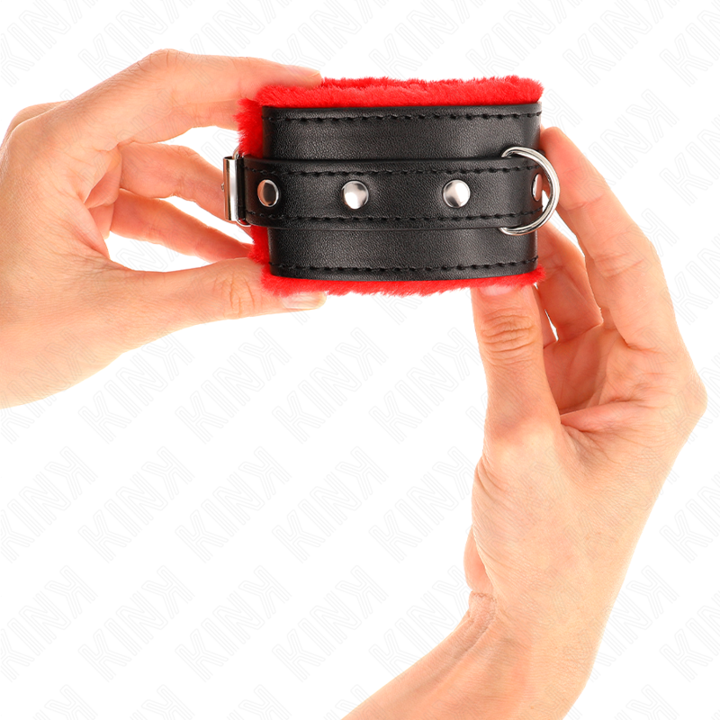 Manette BDSM Foderata Pelliccia Kink — Regolabile, Rosso/Nero