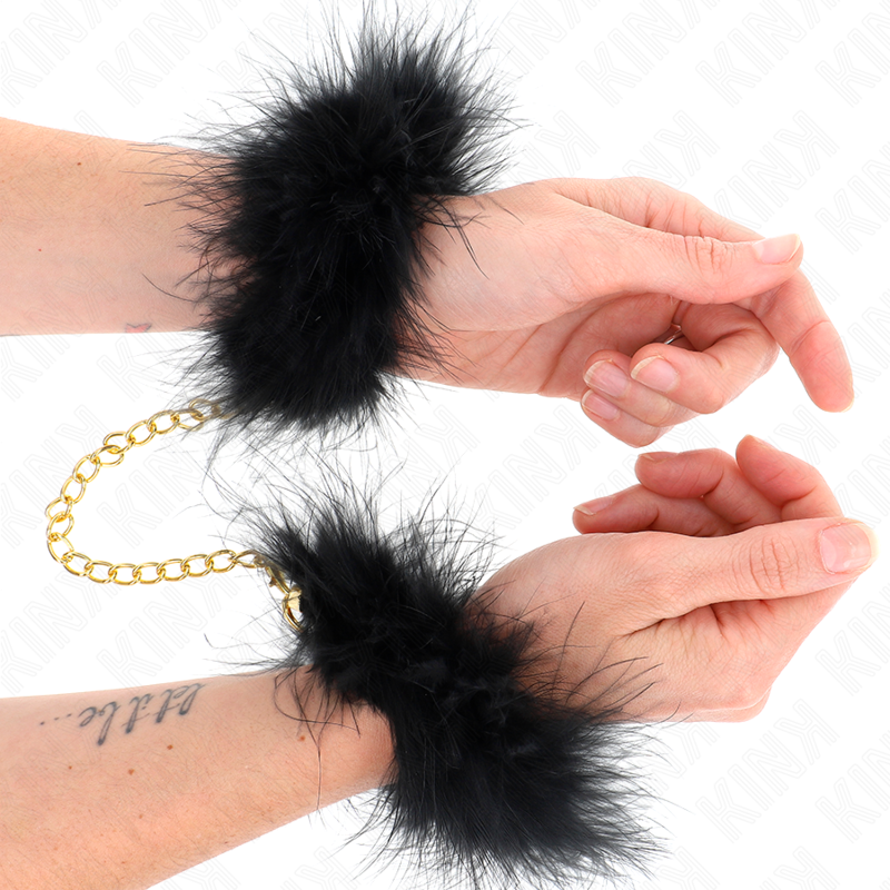 Manette BDSM con Piume e Catena Dorata Kink — Polsini Morbidi
