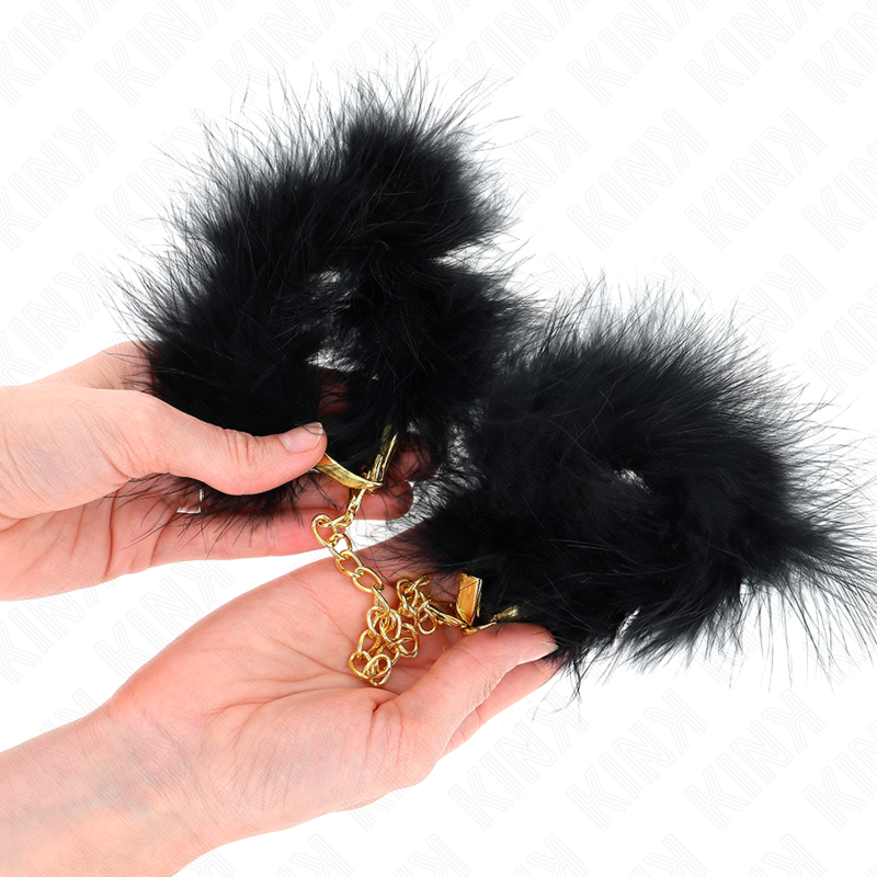 Manette BDSM con Piume e Catena Dorata Kink — Polsini Morbidi