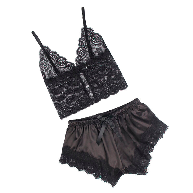 Vestaglia in Seta con Pantaloni Pizzo Subblime — Nero L/XL