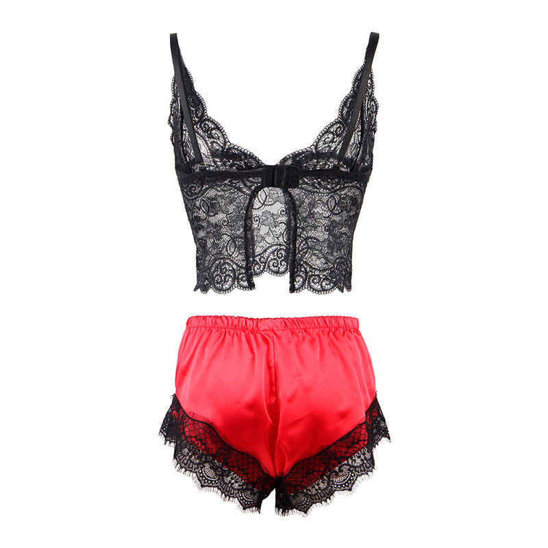 Vestaglia con Pantaloni in Pizzo Subblime — Seta, Nero/Rosso L/XL