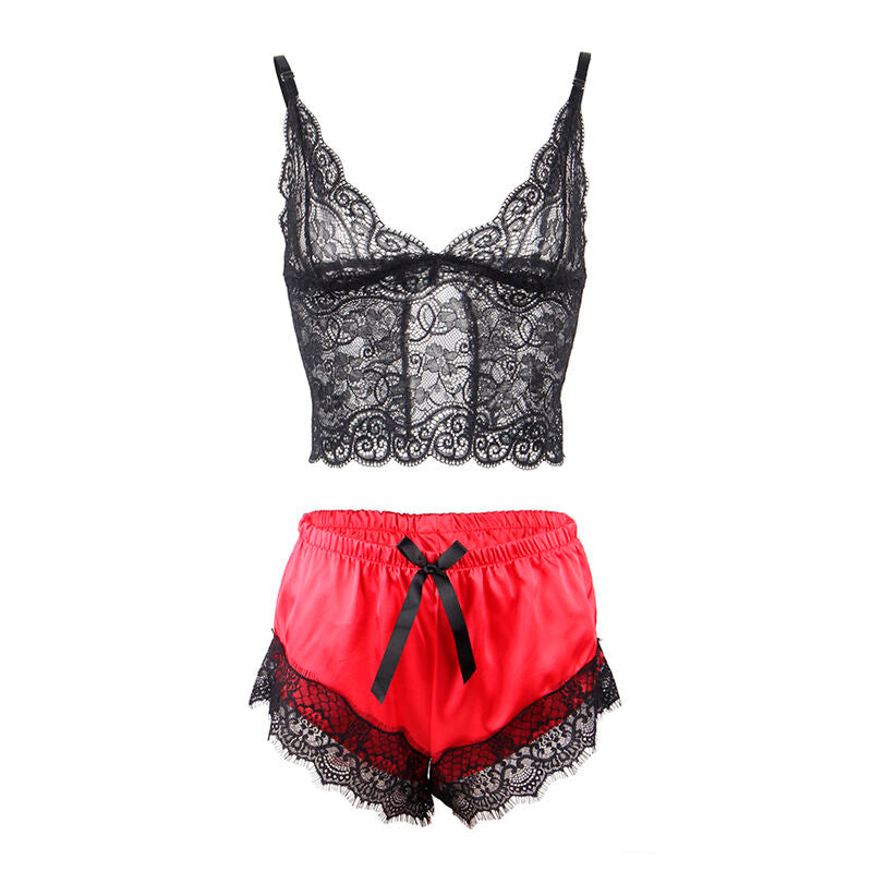 Vestaglia con Pantaloni in Pizzo Subblime — Seta, Nero/Rosso L/XL