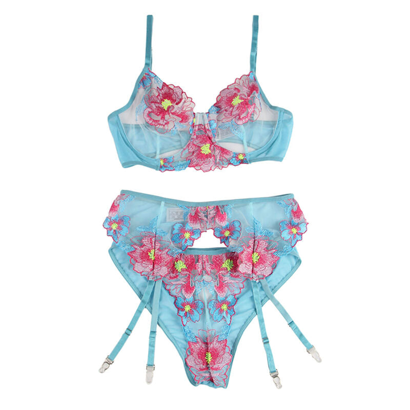 Lingerie Sexy Floreale Subblime — Reggiseno + Slip con Cintura S/M