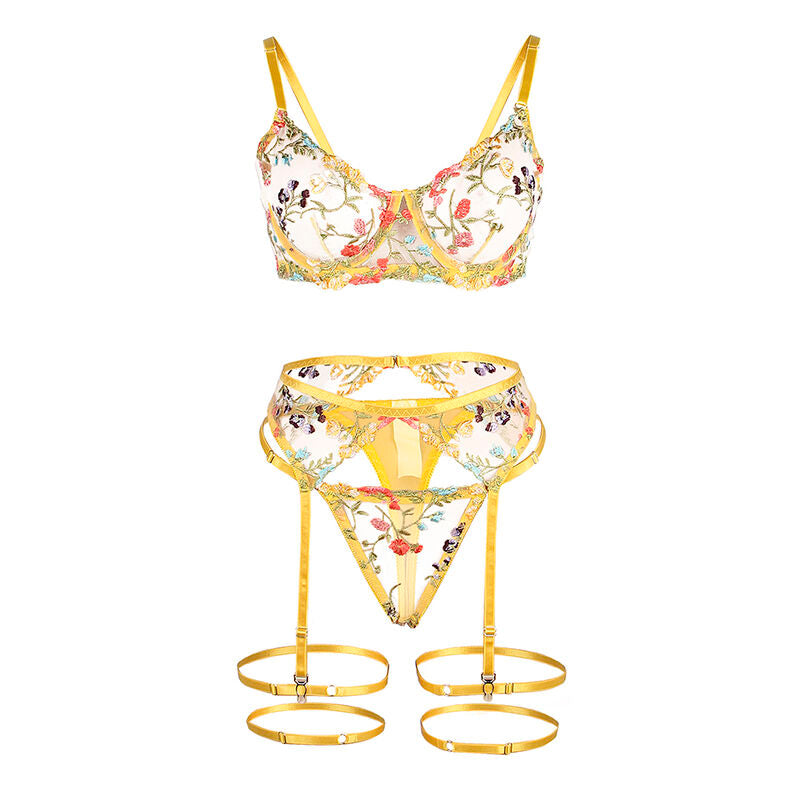 Lingerie Sexy Floreale Subblime — Reggiseno, Perizoma e Cintura S/M