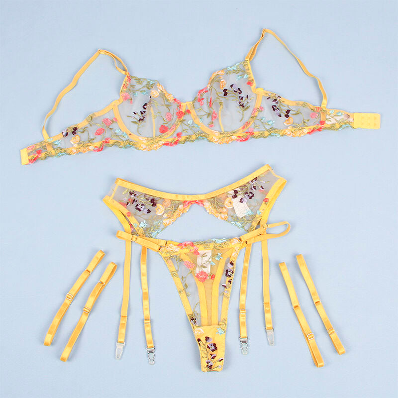 Lingerie Sexy Floreale Subblime — Reggiseno, Perizoma e Cintura S/M