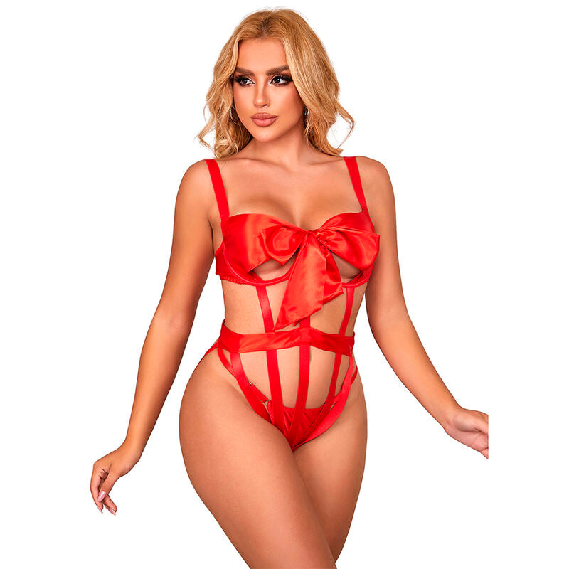 Body Erotico Traforato con Fiocco Subblime — L/XL, Rosso