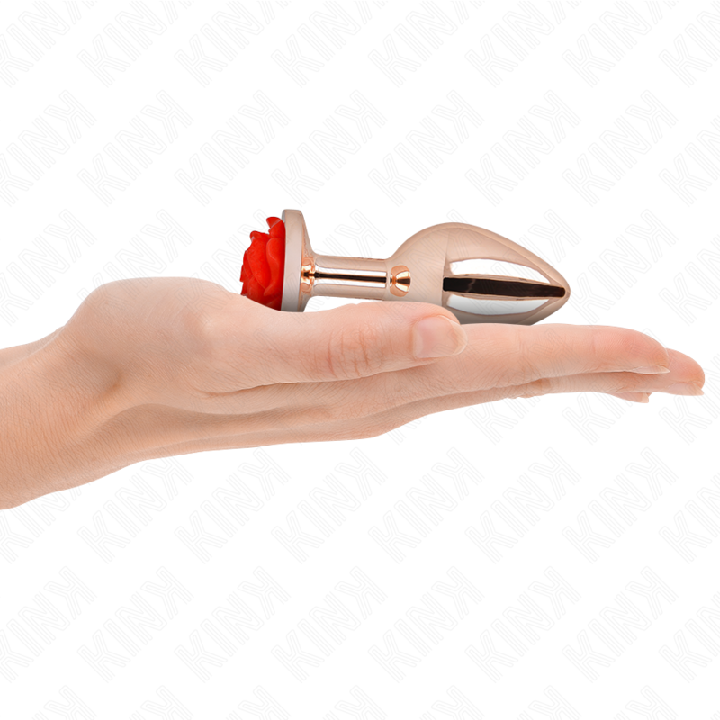 Plug Anale in Metallo Kink — Oro Rosa con Rosa Rossa, M