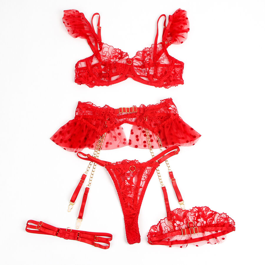 Reggicalze e Reggiseno in Pizzo Subblime — Rosso, L/XL