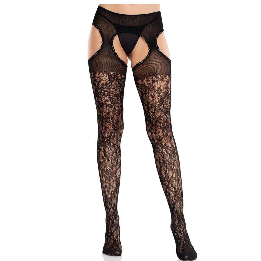 Calze con Reggicalze in Pizzo Floreale Leg Avenue — Nero