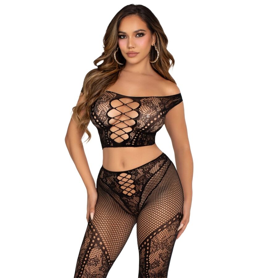Lingerie Sexy Crop Top e Legging a Rete Leg Avenue — Nero