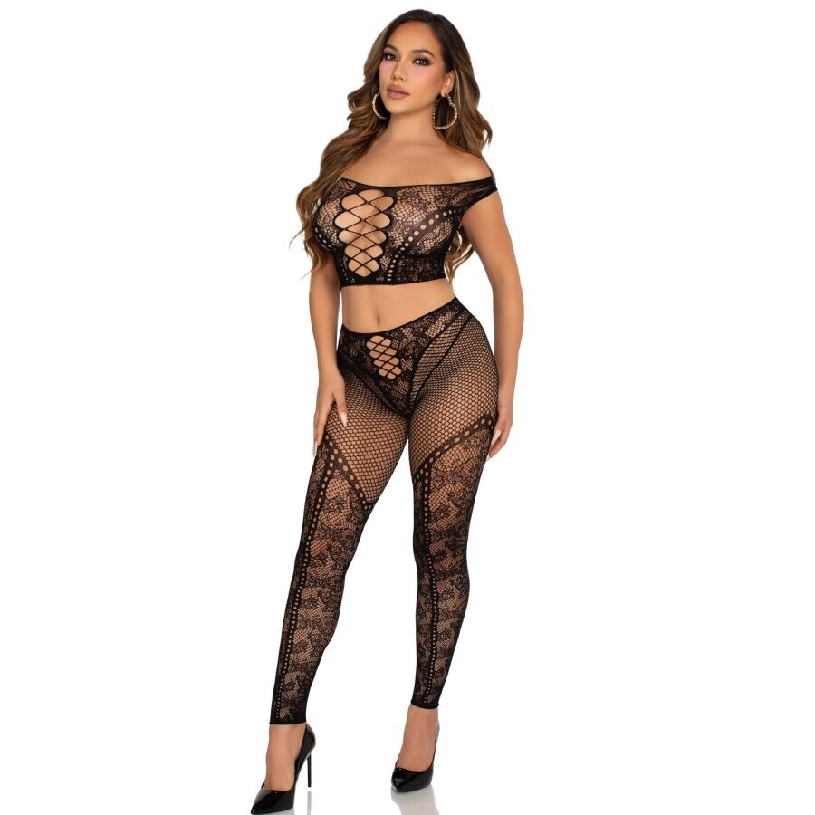 Lingerie Sexy Crop Top e Legging a Rete Leg Avenue — Nero