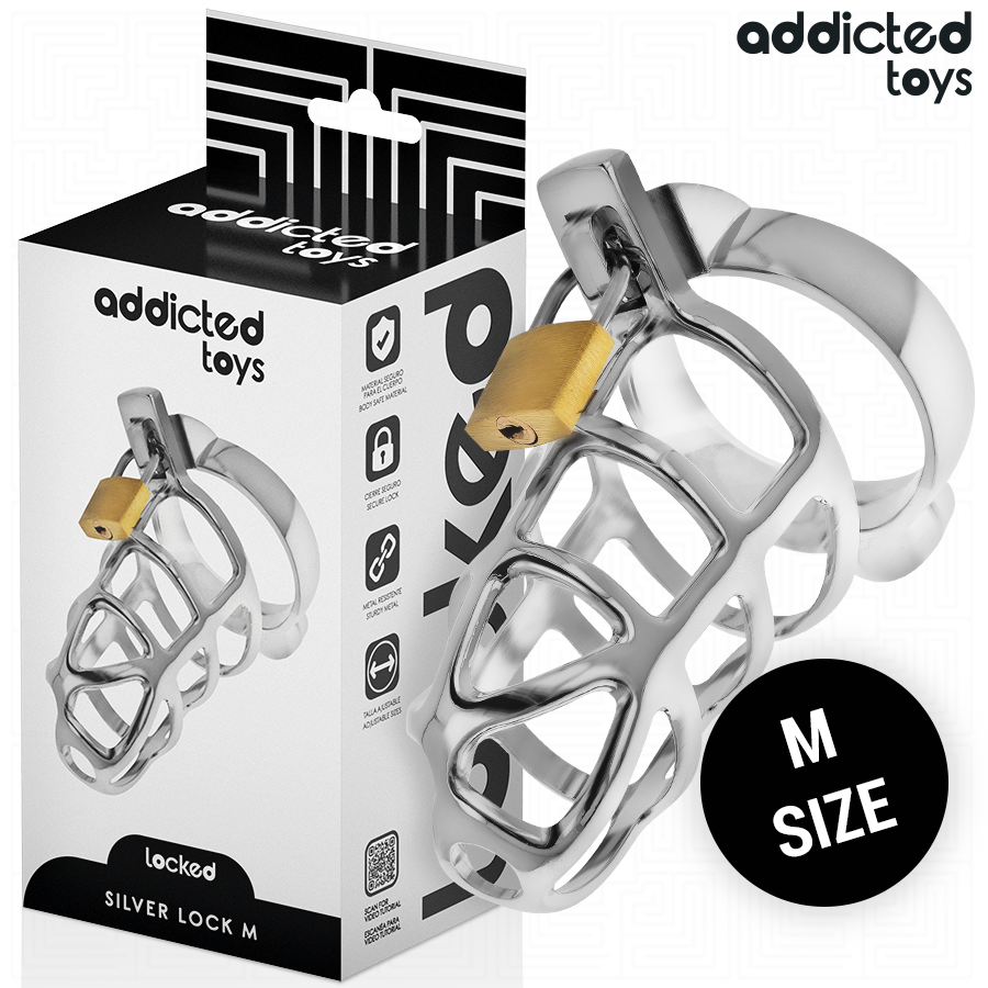 Gabbia di Castità Addicted Toys Silver Lock — Metallo, Taglia M