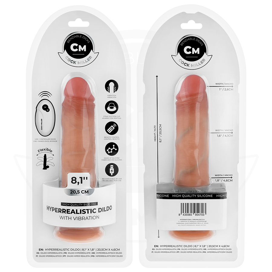 Dildo Realistico Vibrante Cock Miller 8" — Ventosa, 20,5 cm