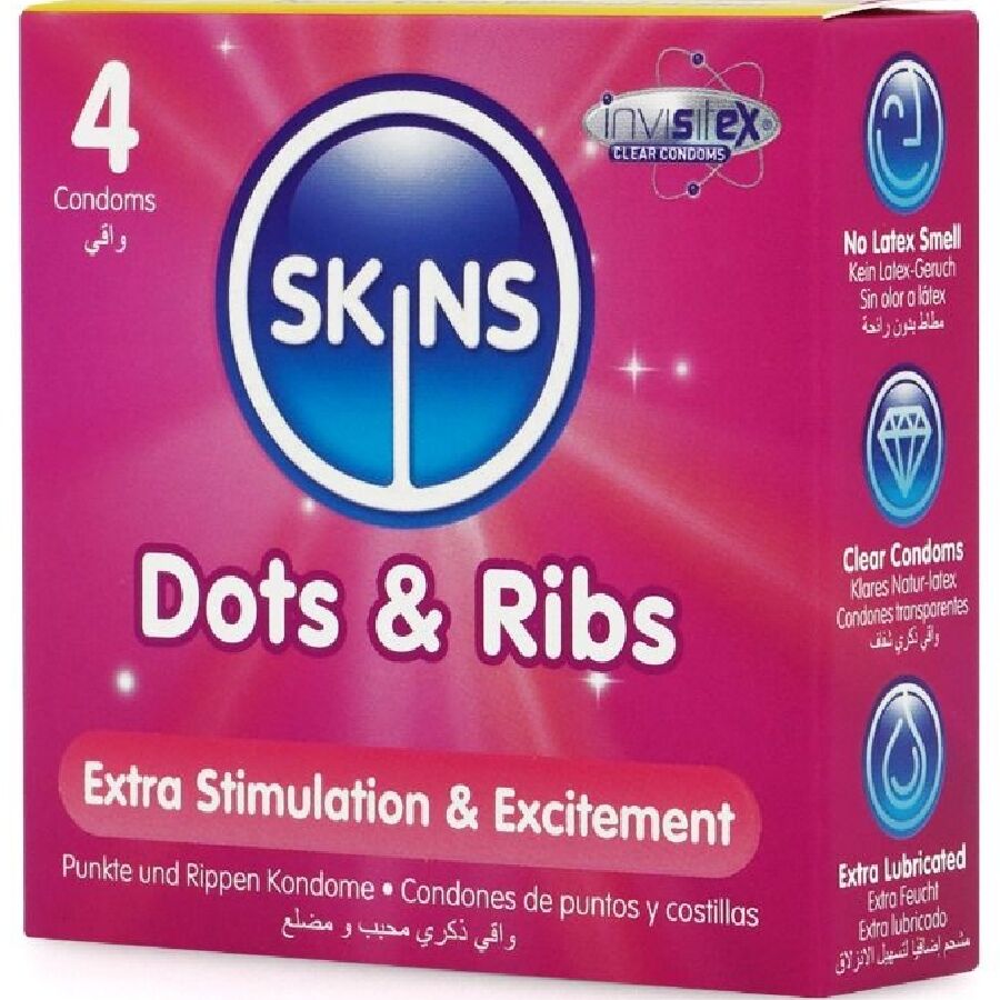 Preservativi con Nervature e Puntini Skins Dots & Ribs — 4 pz