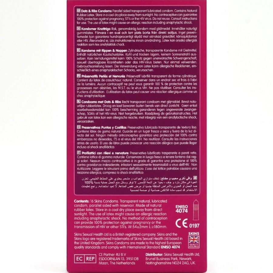 Preservativi con Nervature e Puntini Skins — 16 Pezzi