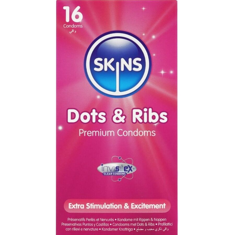 Preservativi con Nervature e Puntini Skins — 16 Pezzi