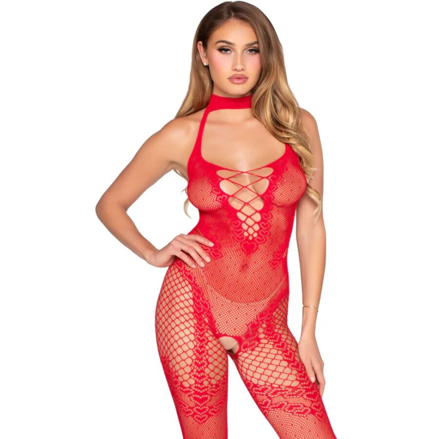 Bodystocking in Rete Leg Avenue 89336 — Rosso, Taglia Unica